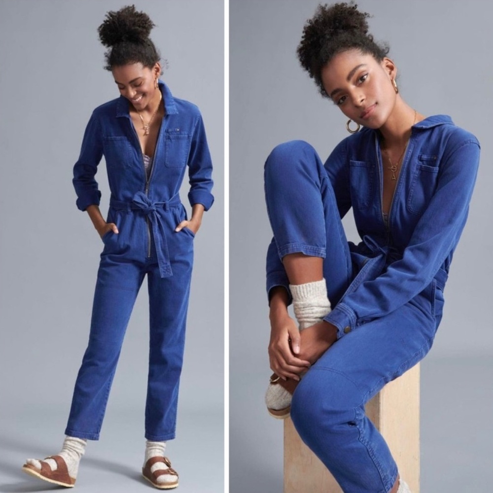 ANTHROPOLOGIE‎ Pilcro Utility Denim Jumpsuit Boiler Suit Casual Blue Denim Tie M